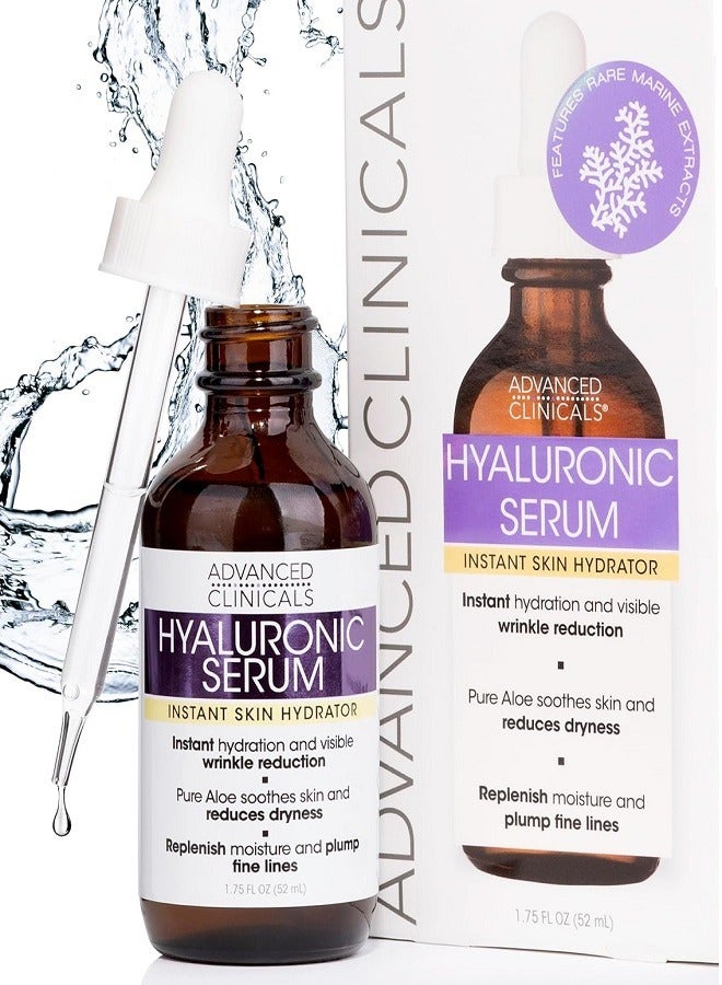 Advanced Clinicals Hyaluronic Acid Face Serum Anti Aging Face Serum Instant Skin Hydrator Plump Fine Lines Wrinkle Reduction 1.75 Ounce Multi