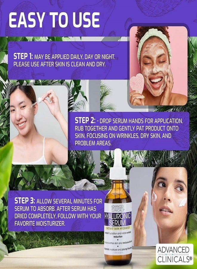 Advanced Clinicals Hyaluronic Acid Face Serum Anti Aging Face Serum Instant Skin Hydrator Plump Fine Lines Wrinkle Reduction 1.75 Ounce Multi