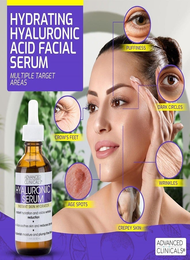 Advanced Clinicals Hyaluronic Acid Face Serum Anti Aging Face Serum Instant Skin Hydrator Plump Fine Lines Wrinkle Reduction 1.75 Ounce Multi