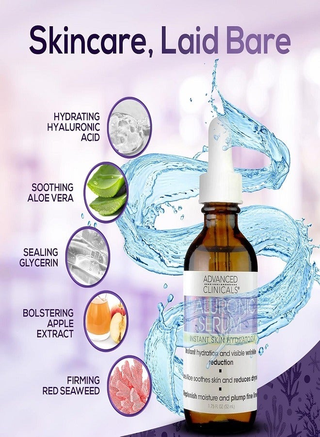 Advanced Clinicals Hyaluronic Acid Face Serum Anti Aging Face Serum Instant Skin Hydrator Plump Fine Lines Wrinkle Reduction 1.75 Ounce Multi