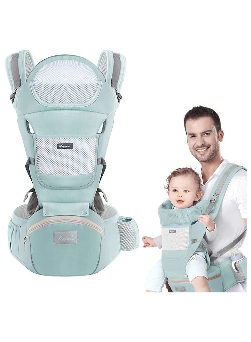 Carrier with Hip Seat, Baby Waist Stool Baby Carrier with Storage Box Baby Holder Breathable Comfortable Front Back Sling Separable for Newborn Infant Toddler 3-36 Months Women Four Seasons Green