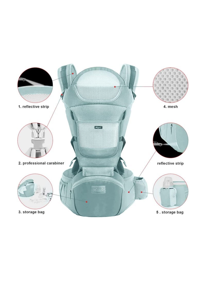 Carrier with Hip Seat, Baby Waist Stool Baby Carrier with Storage Box Baby Holder Breathable Comfortable Front Back Sling Separable for Newborn Infant Toddler 3-36 Months Women Four Seasons Green