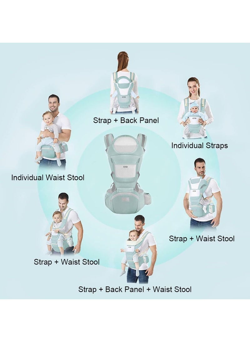 Carrier with Hip Seat, Baby Waist Stool Baby Carrier with Storage Box Baby Holder Breathable Comfortable Front Back Sling Separable for Newborn Infant Toddler 3-36 Months Women Four Seasons Green