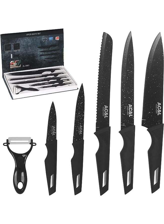 Kitchen Knife Set [6 Pcs Set] Stainless Steel Kitchen Knives with Peeler, Non-stick Ripple Pattern Sharp Blades with Safe and Sturdy Handles for Slicing, Chopping, Cutting (Black)