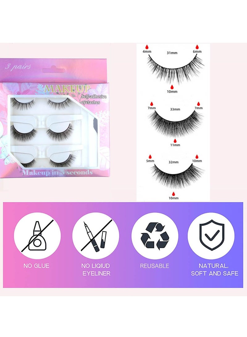 False Eyelashes, 3 Styles Reusable Self Adhesive Eyelashes, No Eyeliner or Glue Needed, Stable False Lashes Natural Look, Stable and Easy to Put On, with Tweezers for Women Girls Gift