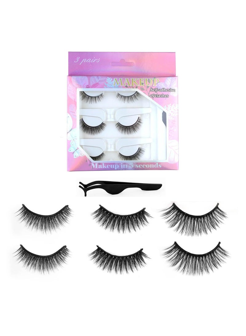 False Eyelashes, 3 Styles Reusable Self Adhesive Eyelashes, No Eyeliner or Glue Needed, Stable False Lashes Natural Look, Stable and Easy to Put On, with Tweezers for Women Girls Gift