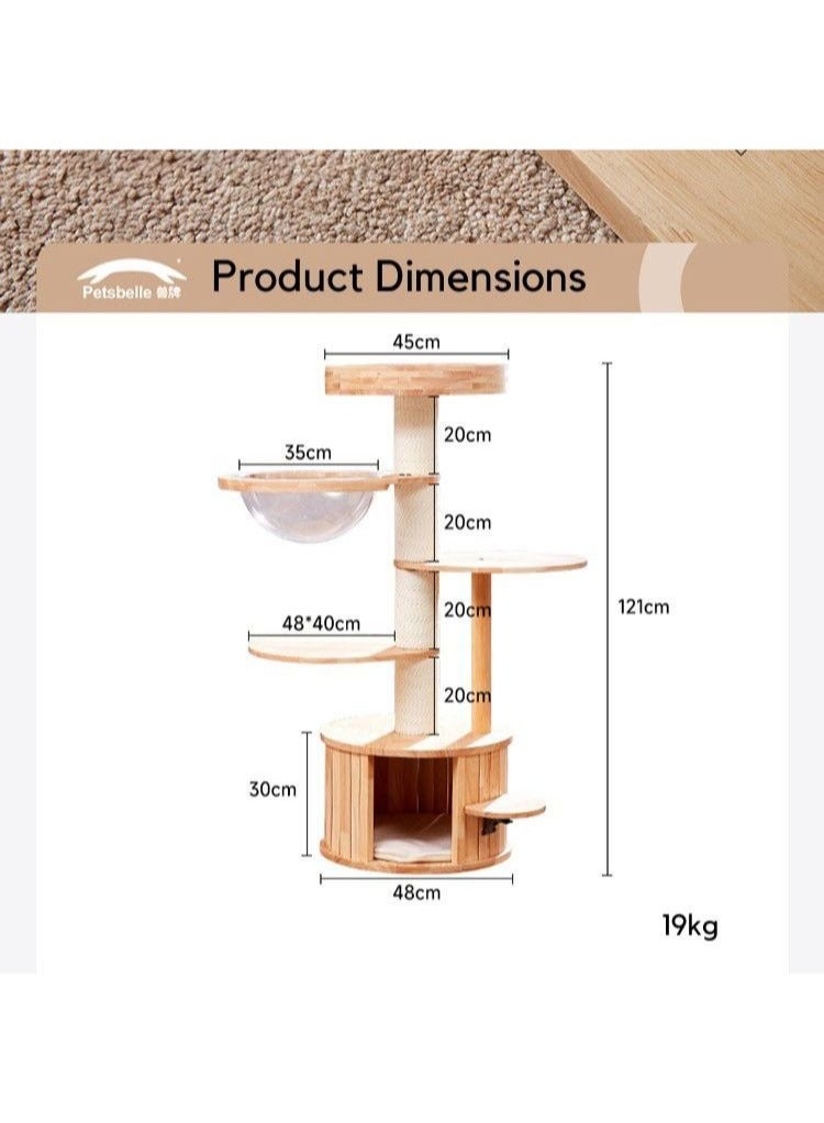 SOPAPETS High-End Large Cat Tree Tower, Premium Rubber Wood Made, Cat Condo with Scratching Posts, Transparent Space Capsule, Super Stable (48*48*121cm)