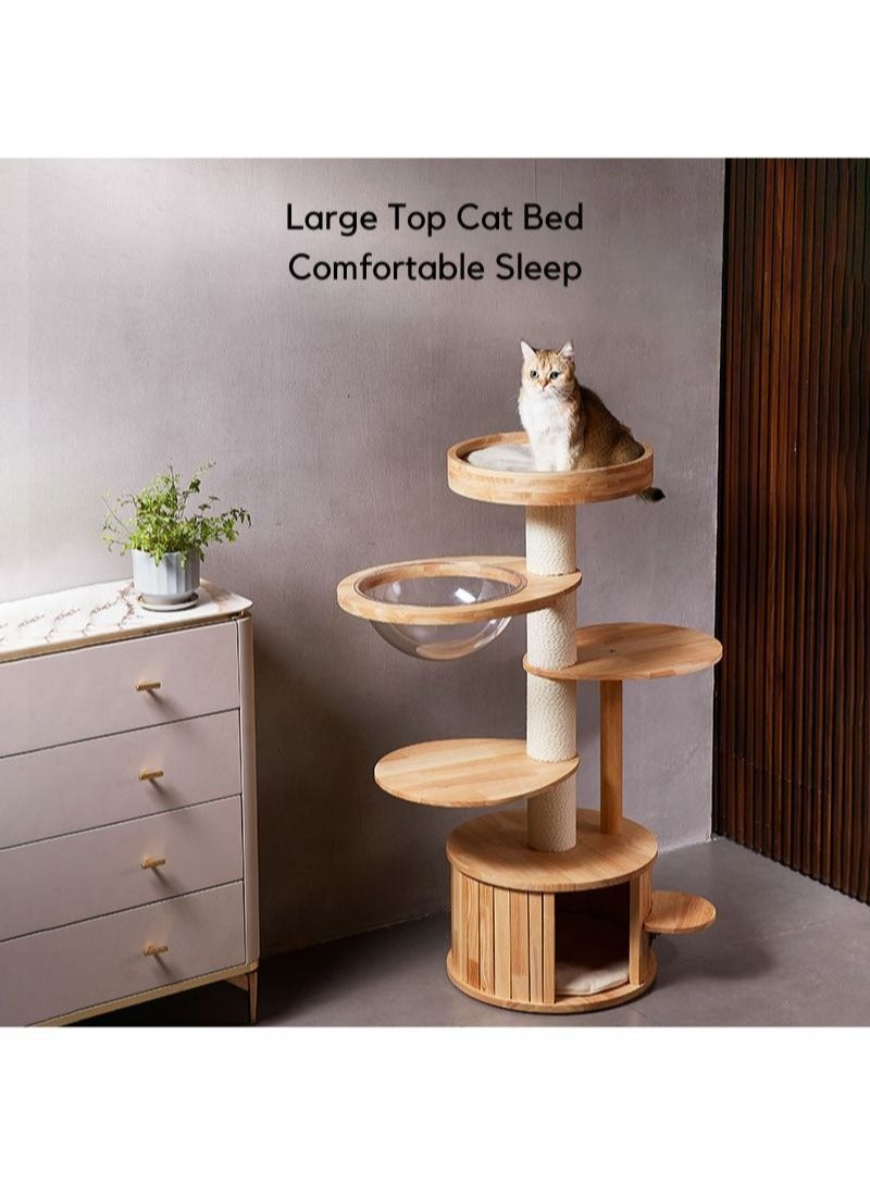 SOPAPETS High-End Large Cat Tree Tower, Premium Rubber Wood Made, Cat Condo with Scratching Posts, Transparent Space Capsule, Super Stable (48*48*121cm)