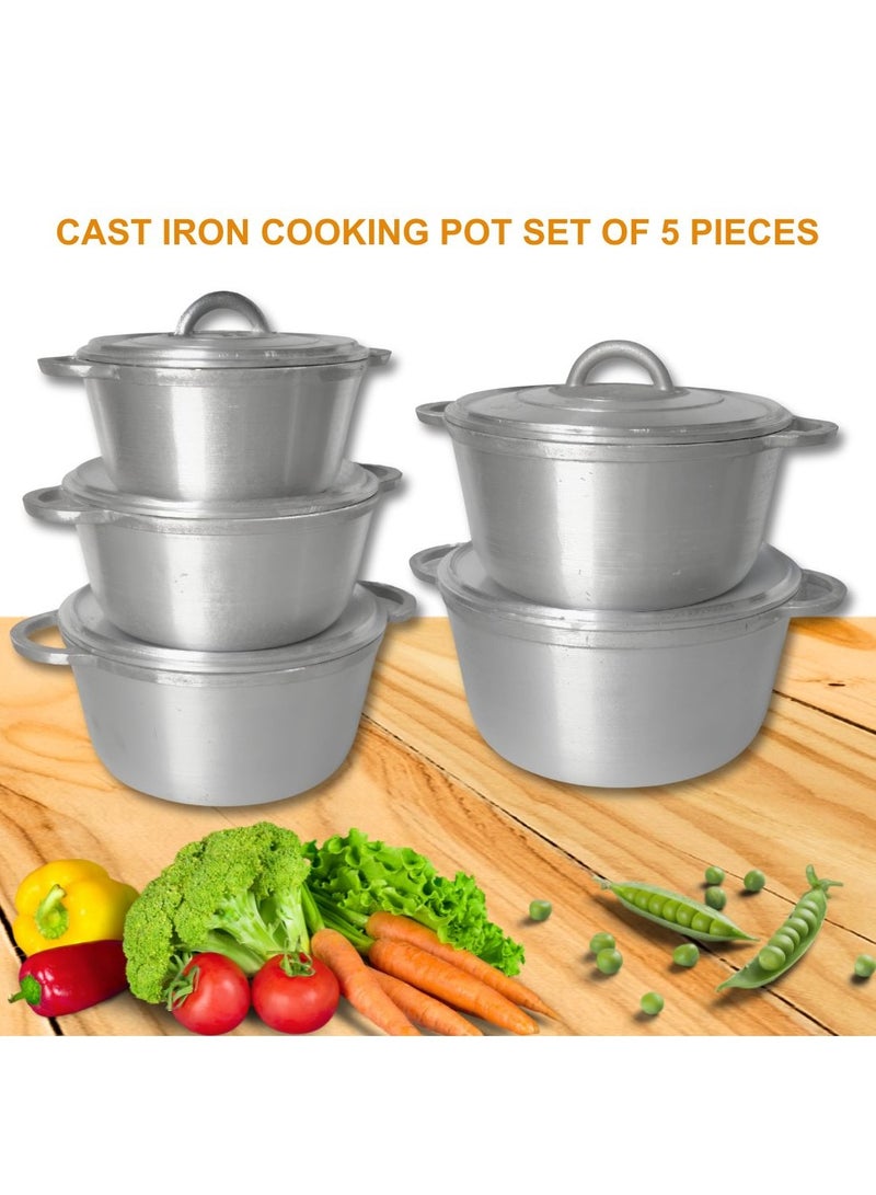 ARTC Premium Cast Iron Cookware And Die Cast Heavy Duty Cooking Pot Set Of 5 Pieces For Home-Use Hotels Kitchen Restaurant Outdoor And Camping