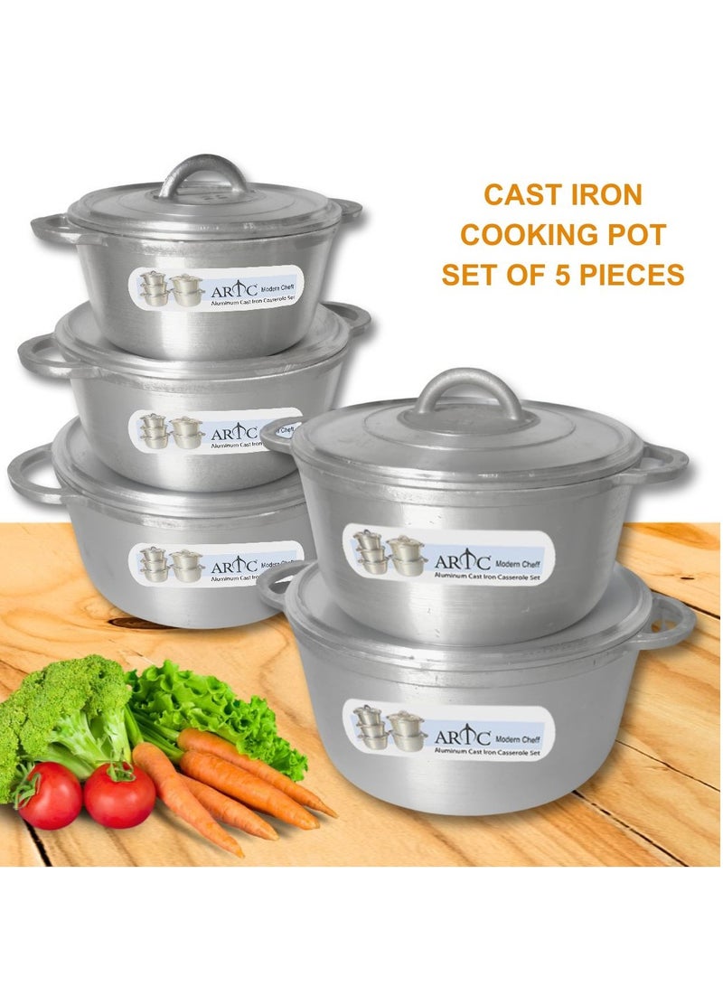 ARTC Premium Cast Iron Cookware And Die Cast Heavy Duty Cooking Pot Set Of 5 Pieces For Home-Use Hotels Kitchen Restaurant Outdoor And Camping
