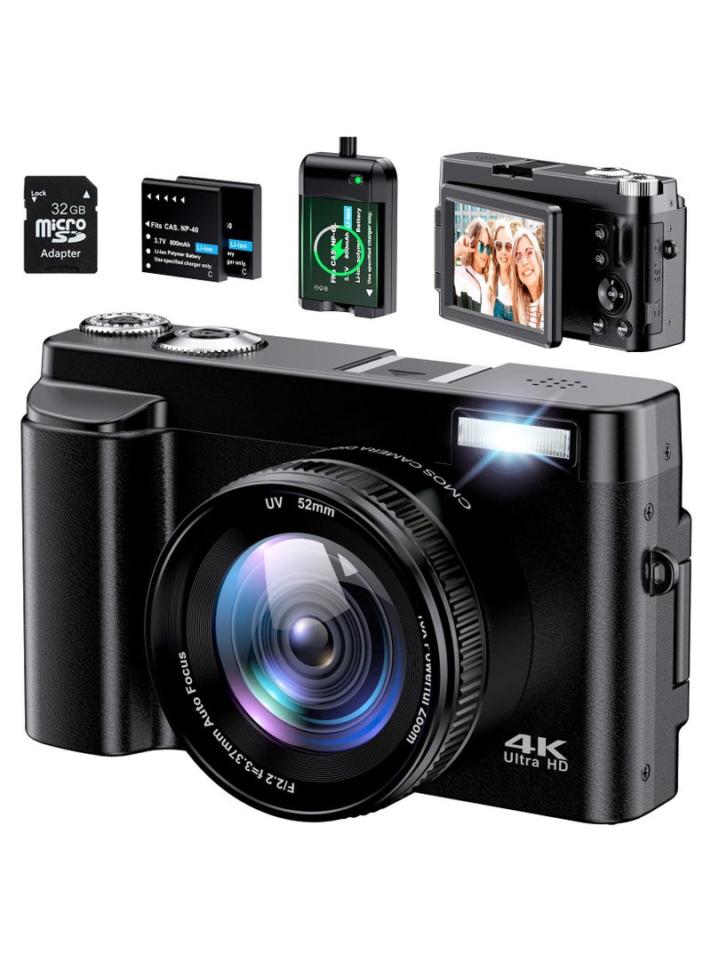4K Digital Camera for Photography Auto Focus 48MP 4K Camera with SD Card, 180° 3.0 Inch Flip Screen Vlogging Camera with 16x Digital Zoom, Anti-Shake, 2 Batteries