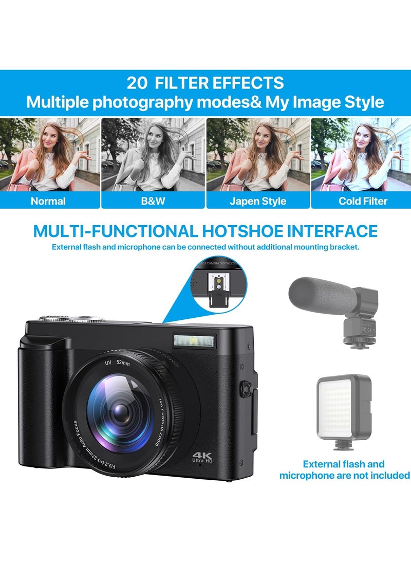 4K Digital Camera for Photography Auto Focus 48MP 4K Camera with SD Card, 180° 3.0 Inch Flip Screen Vlogging Camera with 16x Digital Zoom, Anti-Shake, 1 Batteries