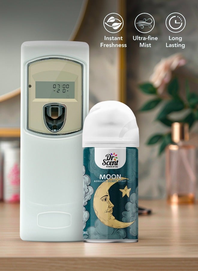 Dr Scent Breeze of Joy, Combo | Automatic Air Freshener Spray Dispenser LCD with 300 ml Aerosol Spray Refill | Long-Lasting Fragrance for Home & Office. (Moon)