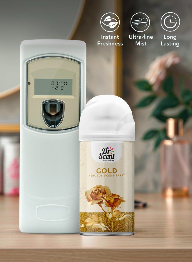 Dr Scent Breeze of Joy, Combo | Automatic Air Freshener Spray Dispenser LCD with 300 ml Aerosol Spray Refill | Long-Lasting Fragrance for Home & Office. (Gold)