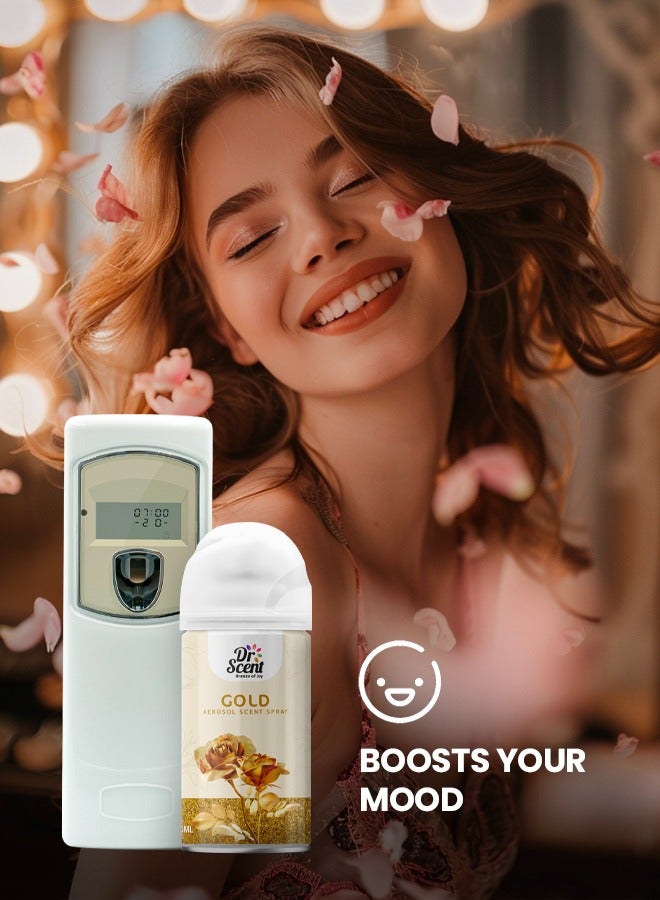 Dr Scent Breeze of Joy, Combo | Automatic Air Freshener Spray Dispenser LCD with 300 ml Aerosol Spray Refill | Long-Lasting Fragrance for Home & Office. (Gold)