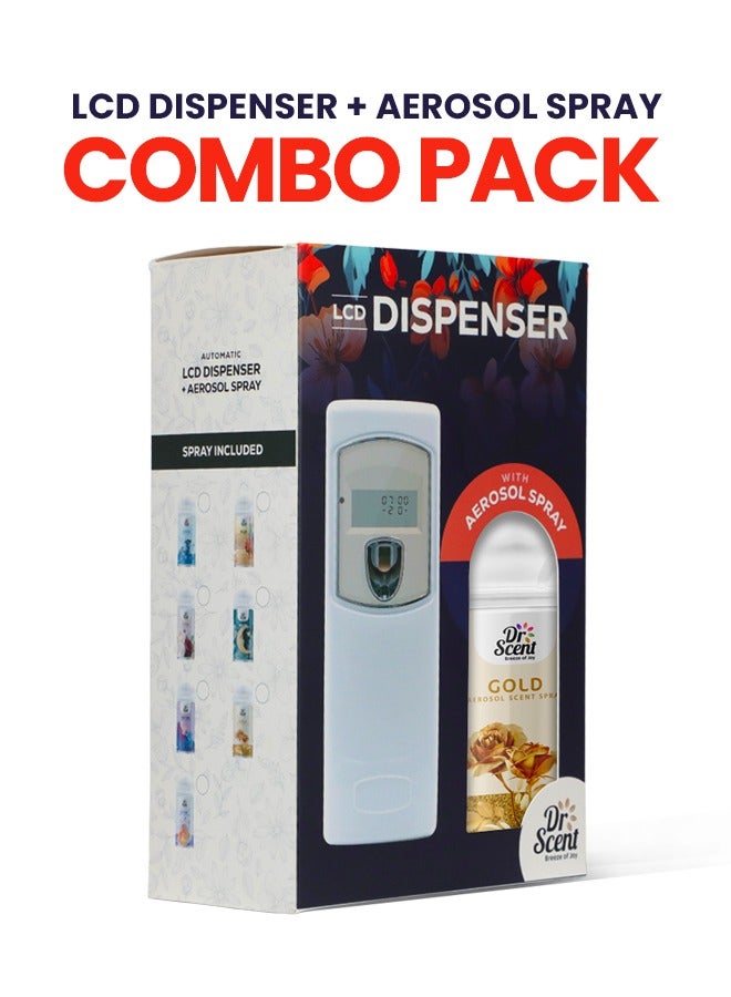 Dr Scent Breeze of Joy, Combo | Automatic Air Freshener Spray Dispenser LCD with 300 ml Aerosol Spray Refill | Long-Lasting Fragrance for Home & Office. (Gold)