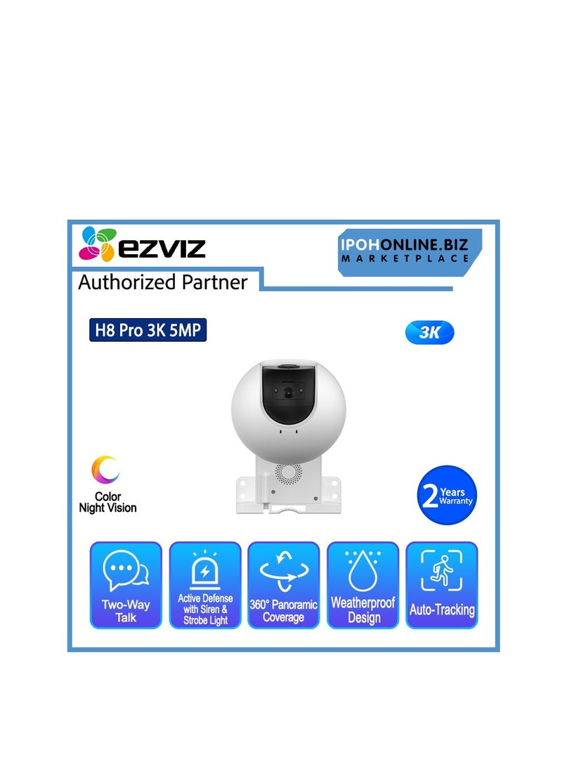 H8 Pro 3K Pan & Tilt Wi-Fi Camera, 360° Panoramic Coverage, AI-Powered Human / Vehicle Shape Detection, Auto-Tracking, Active Defense with Siren and Strobe Light, Color Night Vision, Two-Way Talk, Supports MicroSD Cards (Up to 512 GB) & EZVIZ CloudPlay Storage