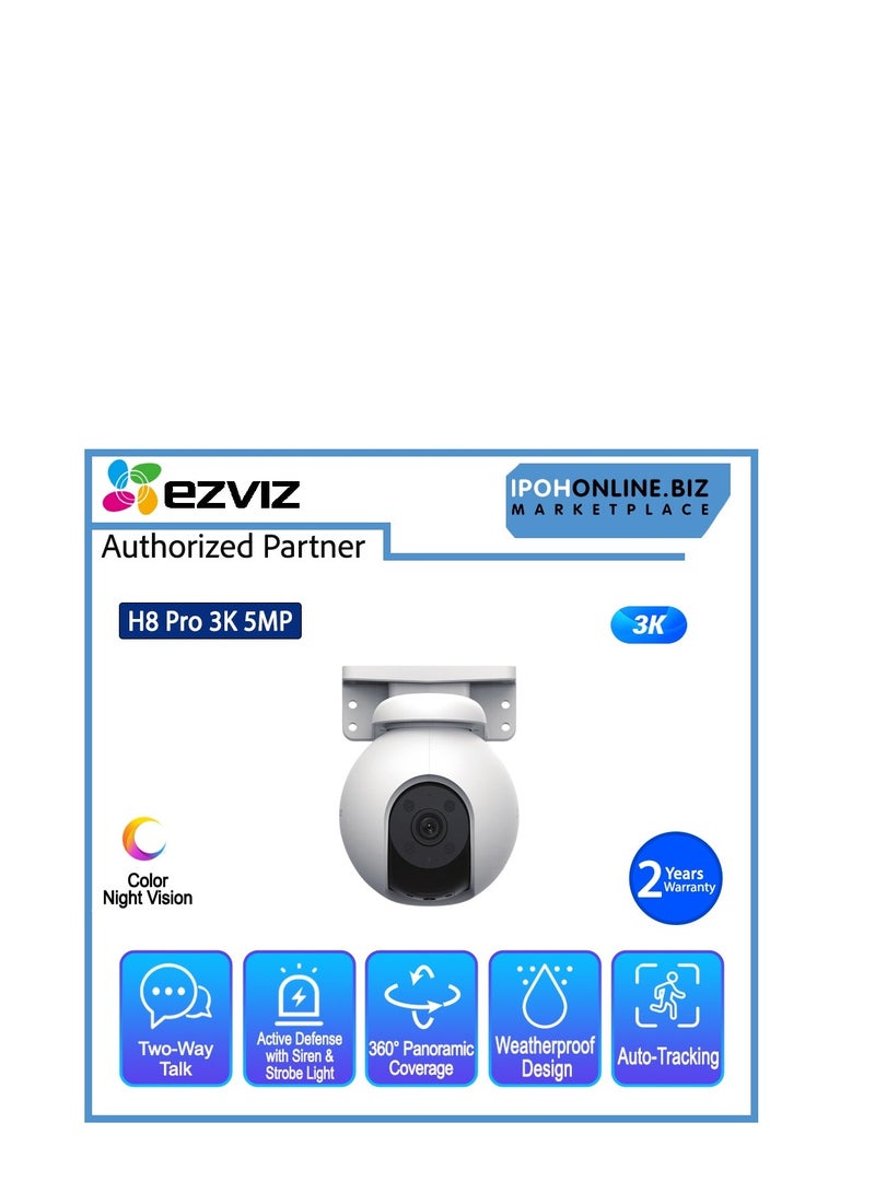 H8 Pro 3K Pan & Tilt Wi-Fi Camera, 360° Panoramic Coverage, AI-Powered Human / Vehicle Shape Detection, Auto-Tracking, Active Defense with Siren and Strobe Light, Color Night Vision, Two-Way Talk, Supports MicroSD Cards (Up to 512 GB) & EZVIZ CloudPlay Storage