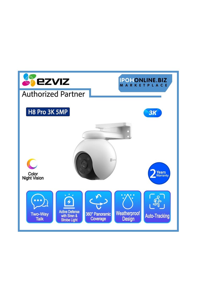 H8 Pro 3K Pan & Tilt Wi-Fi Camera, 360° Panoramic Coverage, AI-Powered Human / Vehicle Shape Detection, Auto-Tracking, Active Defense with Siren and Strobe Light, Color Night Vision, Two-Way Talk, Supports MicroSD Cards (Up to 512 GB) & EZVIZ CloudPlay Storage