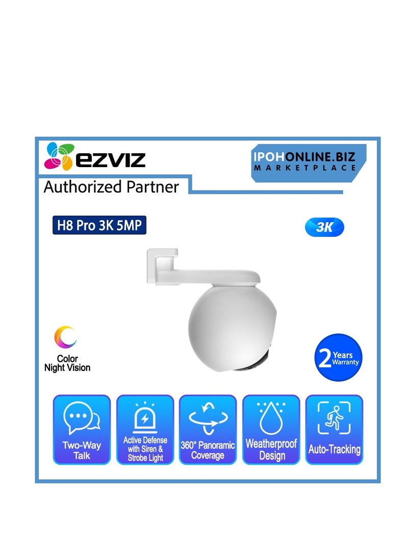 H8 Pro 3K Pan & Tilt Wi-Fi Camera, 360° Panoramic Coverage, AI-Powered Human / Vehicle Shape Detection, Auto-Tracking, Active Defense with Siren and Strobe Light, Color Night Vision, Two-Way Talk, Supports MicroSD Cards (Up to 512 GB) & EZVIZ CloudPlay Storage