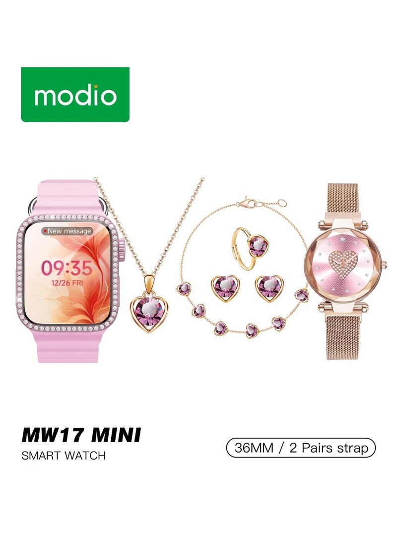 Modio MW17 Mini  Ladies Smart Watch with 36mm Display  2 Pair Strap and 5 in 1 Diamond Jewellery Combo Pink