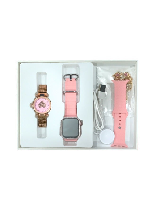 Modio MW17 Mini  Ladies Smart Watch with 36mm Display  2 Pair Strap and 5 in 1 Diamond Jewellery Combo Pink