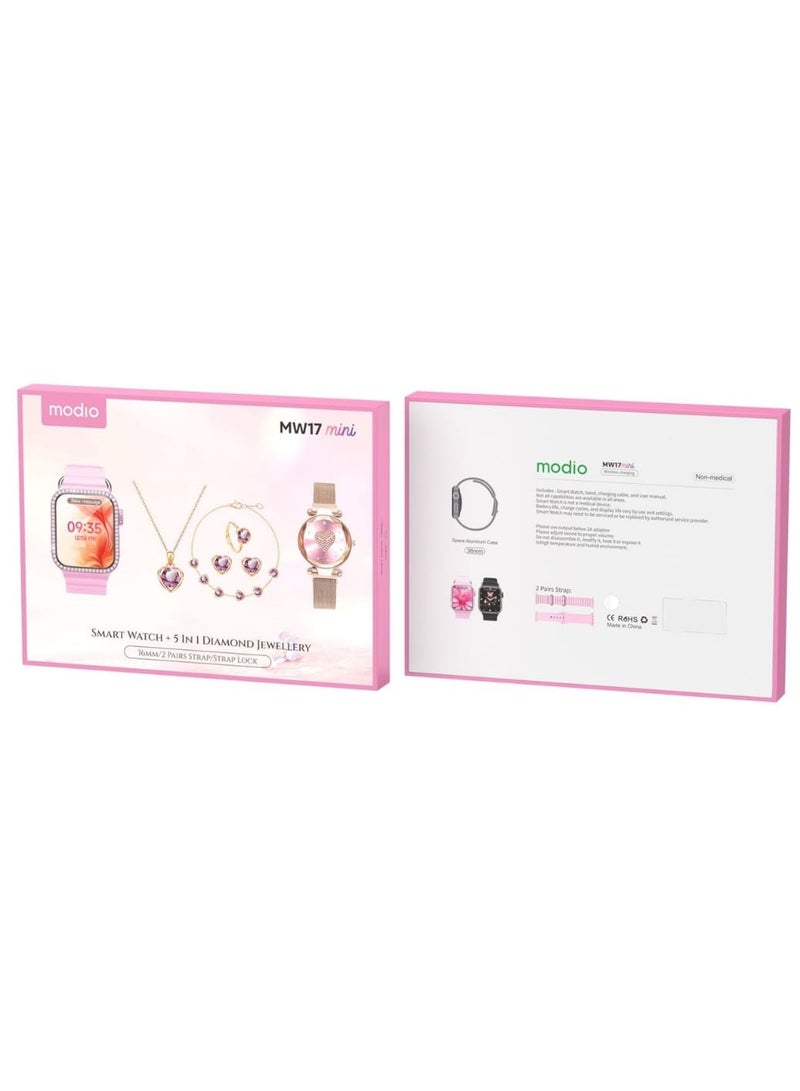 Modio MW17 Mini  Ladies Smart Watch with 36mm Display  2 Pair Strap and 5 in 1 Diamond Jewellery Combo Pink