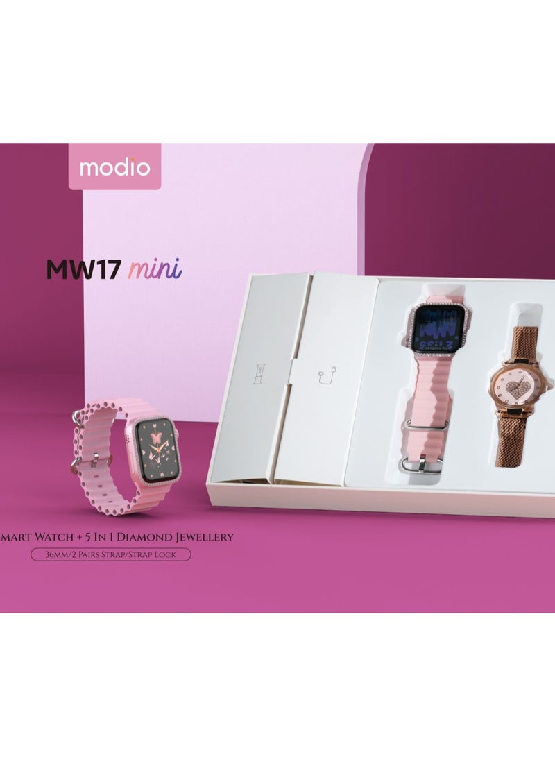 Modio MW17 Mini  Ladies Smart Watch with 36mm Display  2 Pair Strap and 5 in 1 Diamond Jewellery Combo Pink