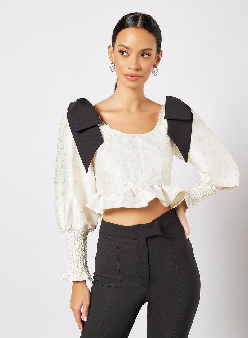 Jacquard Bow Detail Crop Top Ivory