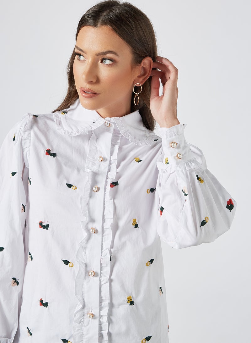 Posy Embroidered Ruffle Shirt White