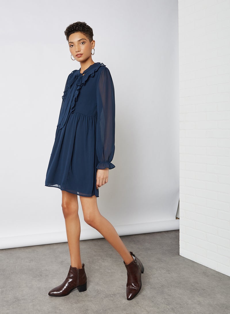 Ruffle Trim Belted Mini Dress Navy