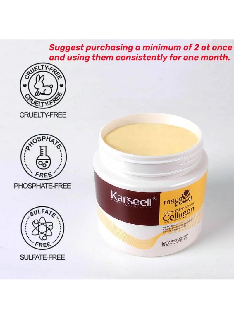 Karseell Collagen Maca Hair Treatment Deep Repair Conditioning Hair Mask Argan Oil Coconut Oil Essence for Dry Damaged Hair All Hair Types 16.90 Fl oz 500ml