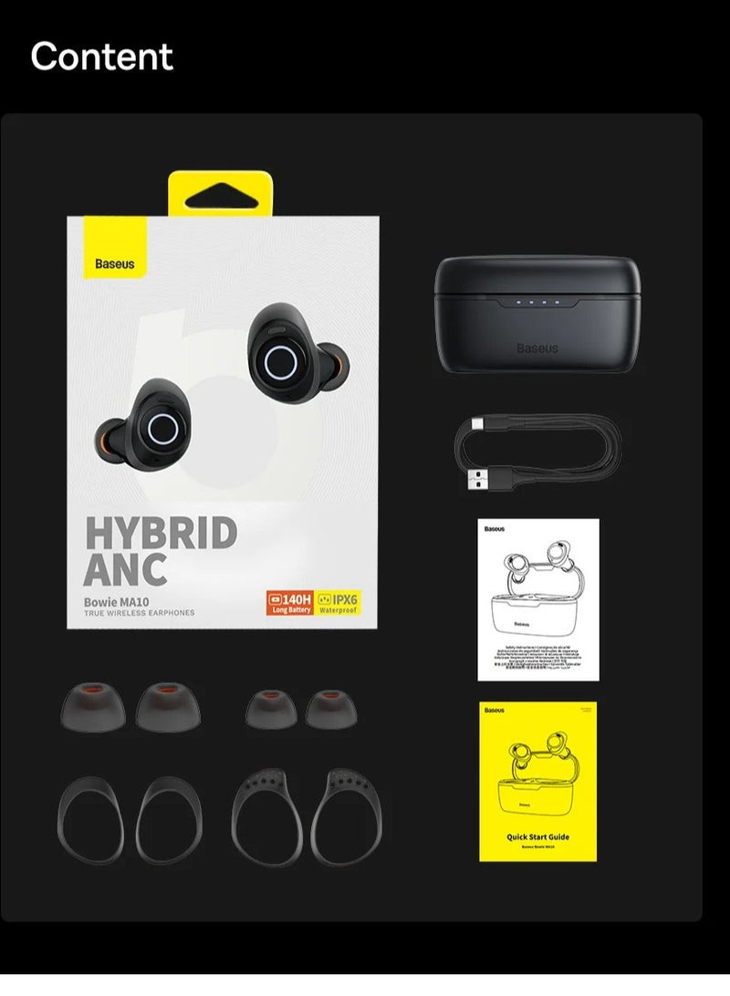 Active Noise Cancelling Wireless Earbuds, Bowie MA10 Reduce Noise by Up to 95%, 140H Battery Life, IPX6 Waterproof, Deeper Bass, 4 ENC Mics, Comfortable Fit, Bluetooth 5.3 Ear Buds Black