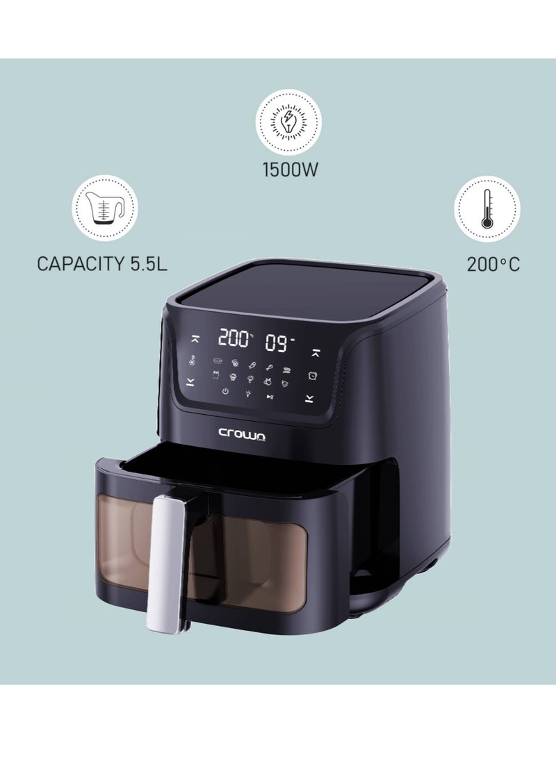 Air Fryer 5.5L Pan Capacity | Transparent Window with Rapid Air Frying | LED Touch Control with 10 Presets | 80-200℃ Temp Range, 90-Min Timer 5.5 L 1500 W AF-397 Black