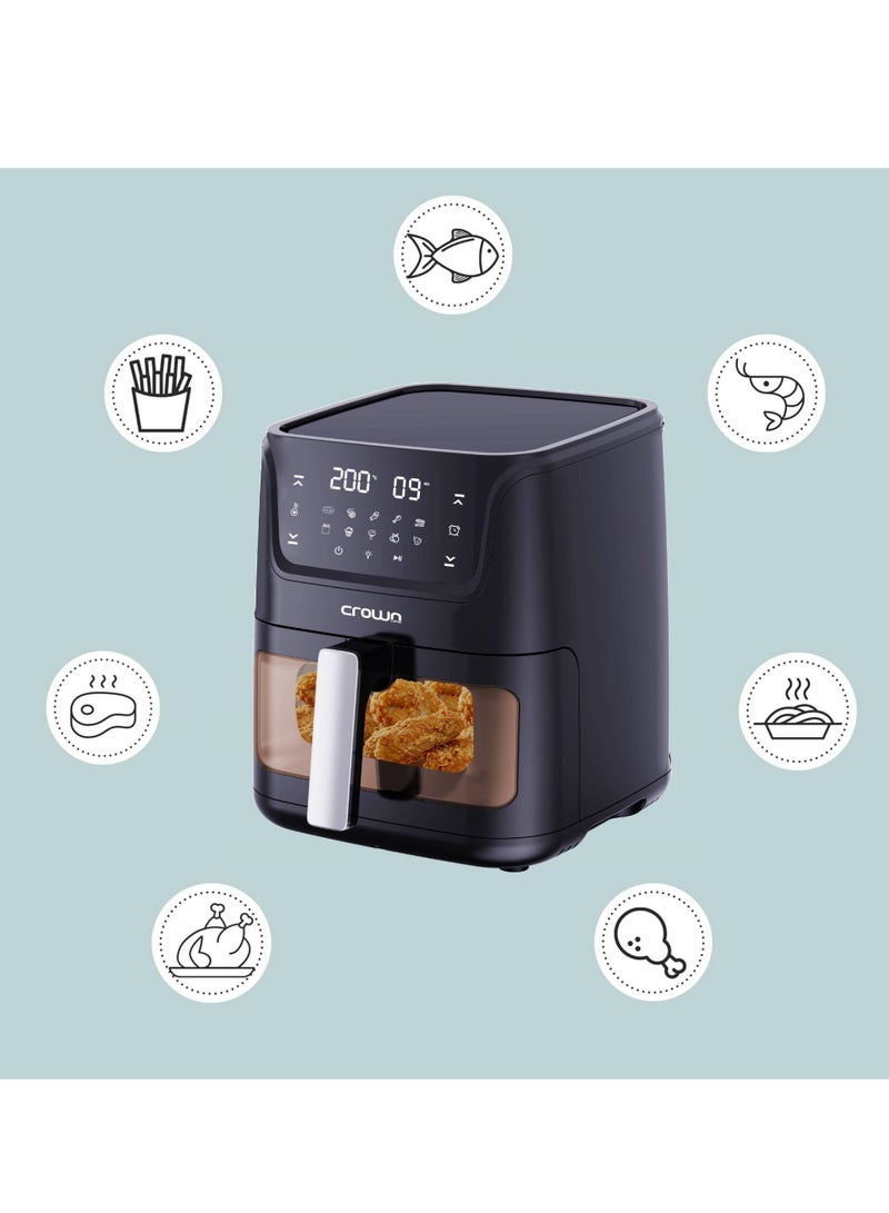 Air Fryer 5.5L Pan Capacity | Transparent Window with Rapid Air Frying | LED Touch Control with 10 Presets | 80-200℃ Temp Range, 90-Min Timer 5.5 L 1500 W AF-397 Black