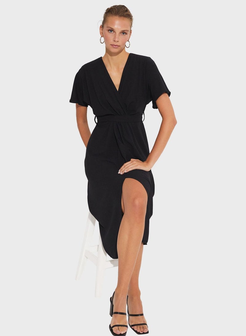 Surplice Neck Belted Dress