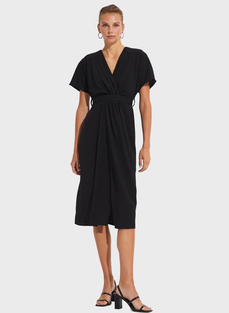 Surplice Neck Belted Dress