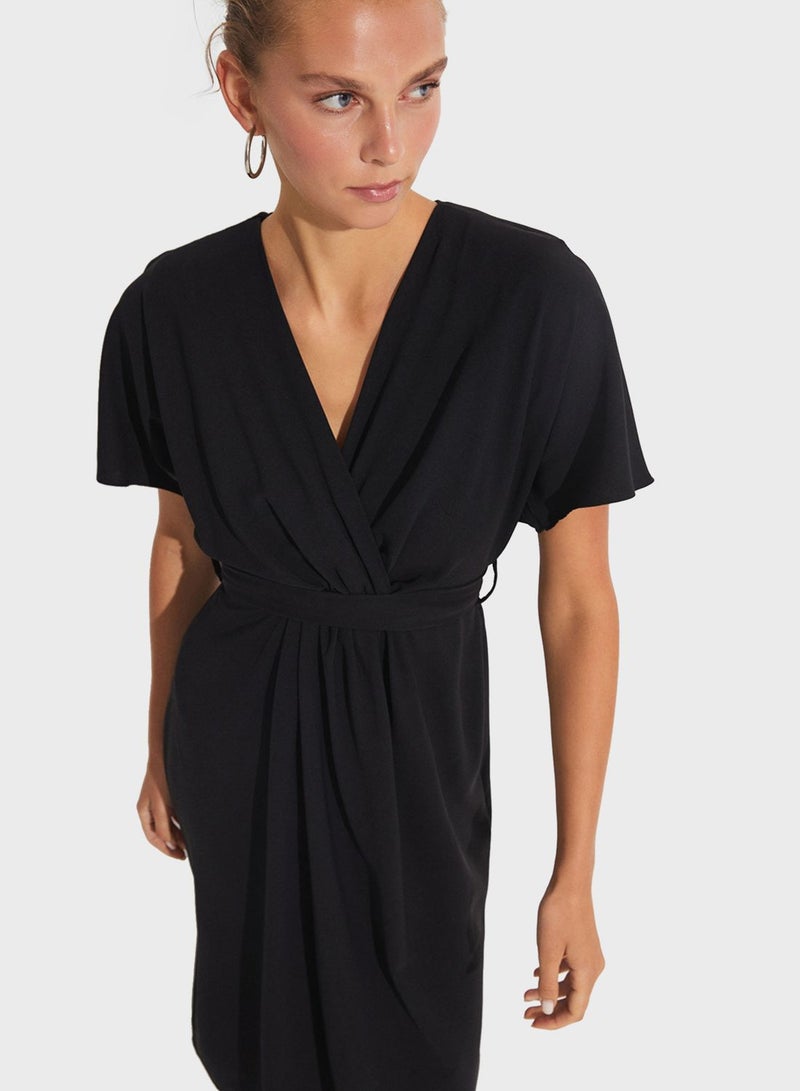 Surplice Neck Belted Dress