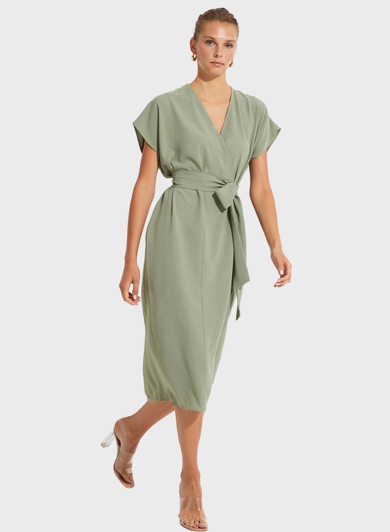 Surplice Neck Belted Dress