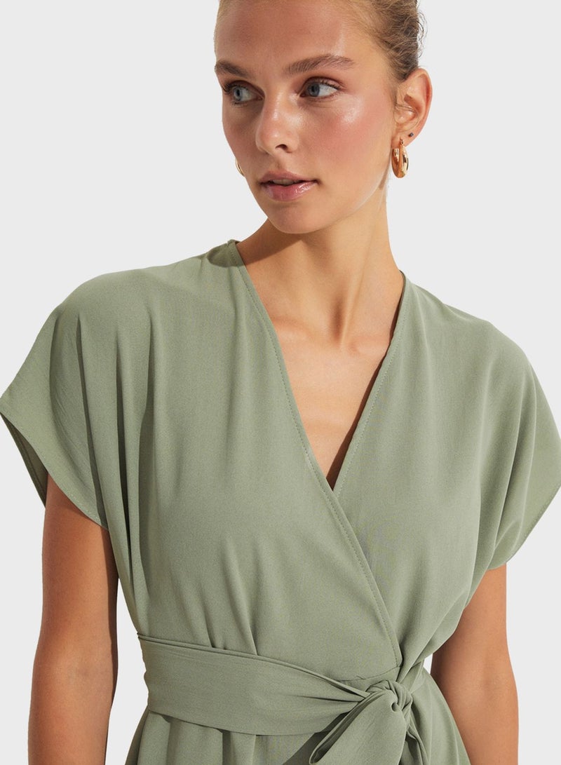 Surplice Neck Belted Dress