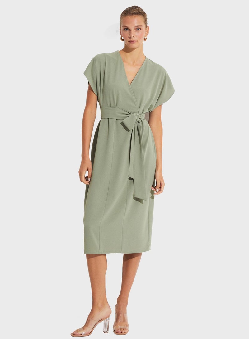 Surplice Neck Belted Dress