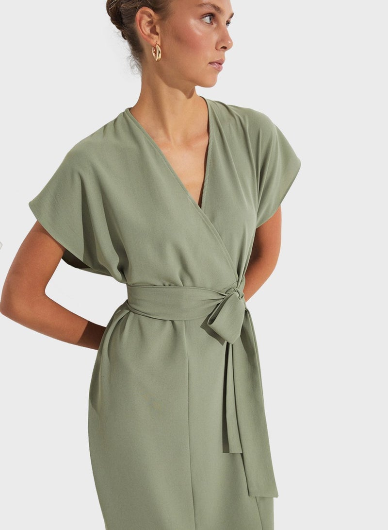 Surplice Neck Belted Dress