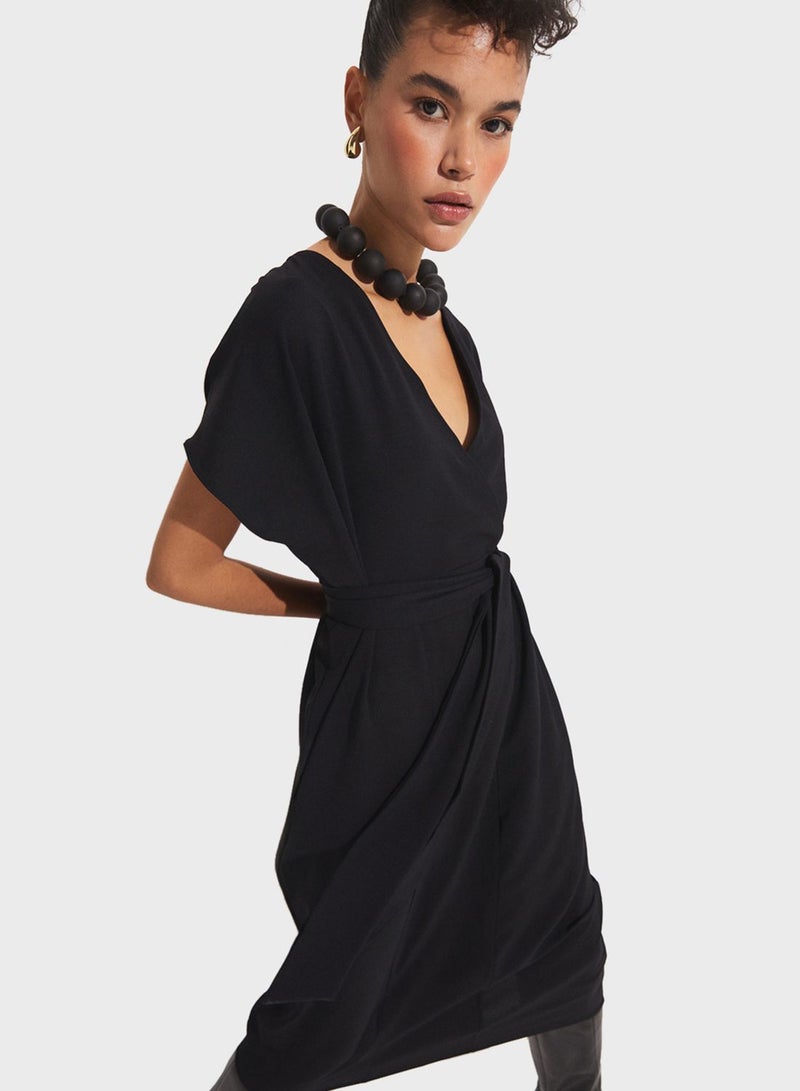 Surplice Neck Belted Dress