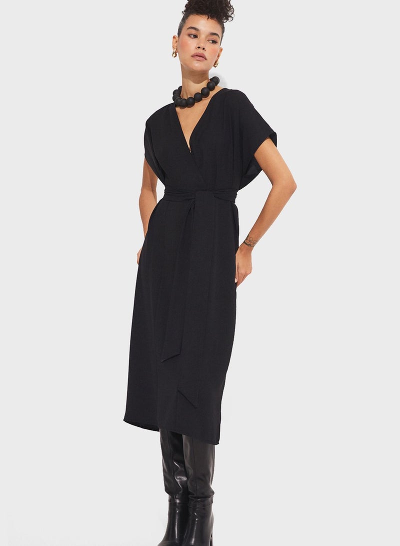 Surplice Neck Belted Dress