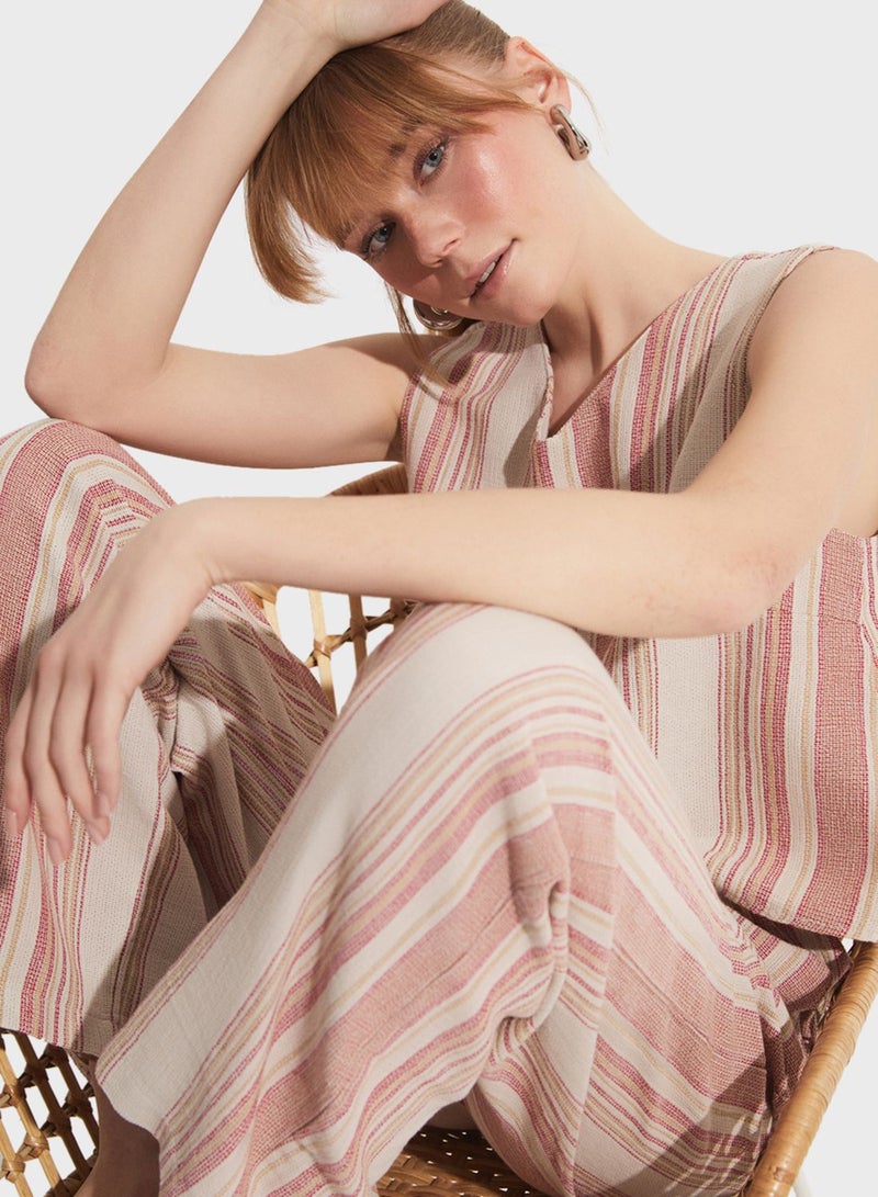 Striped Blouse Trousers Cotton Set