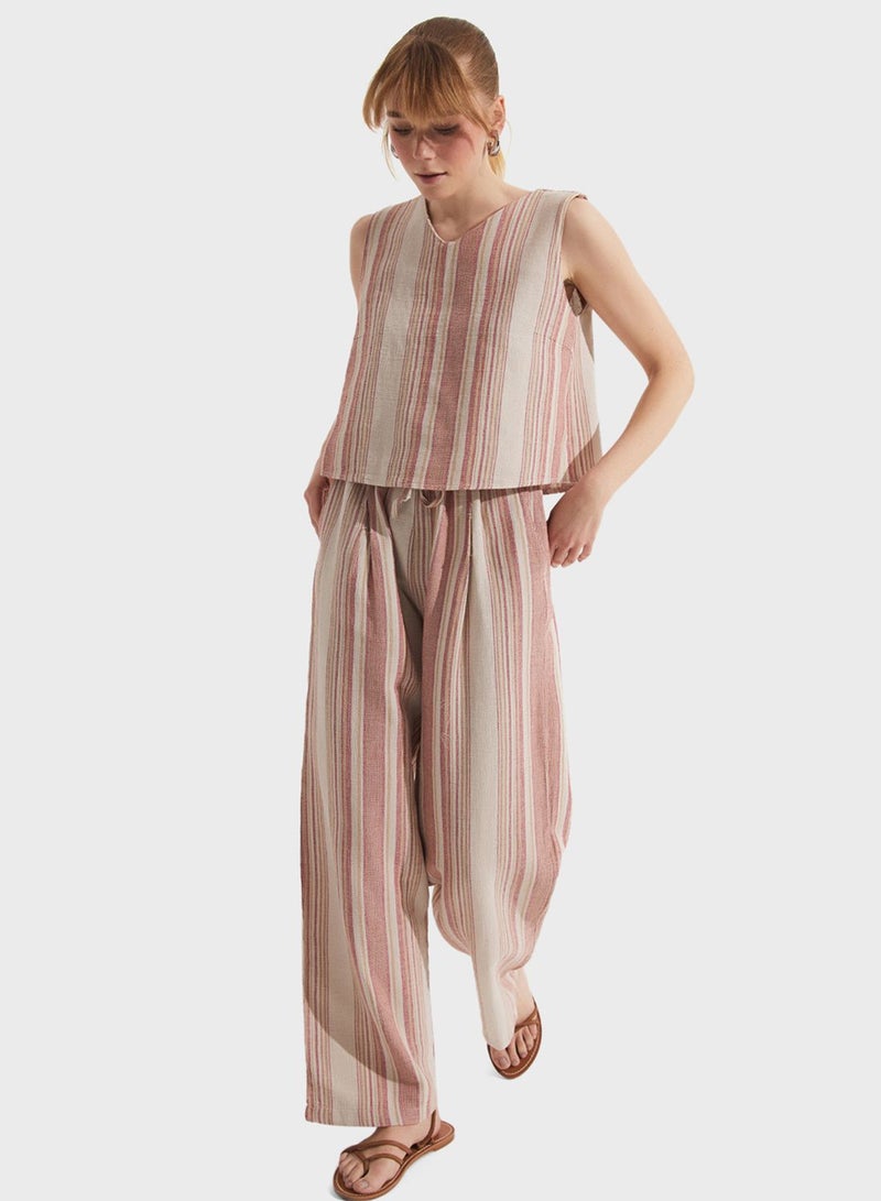 Striped Blouse Trousers Cotton Set