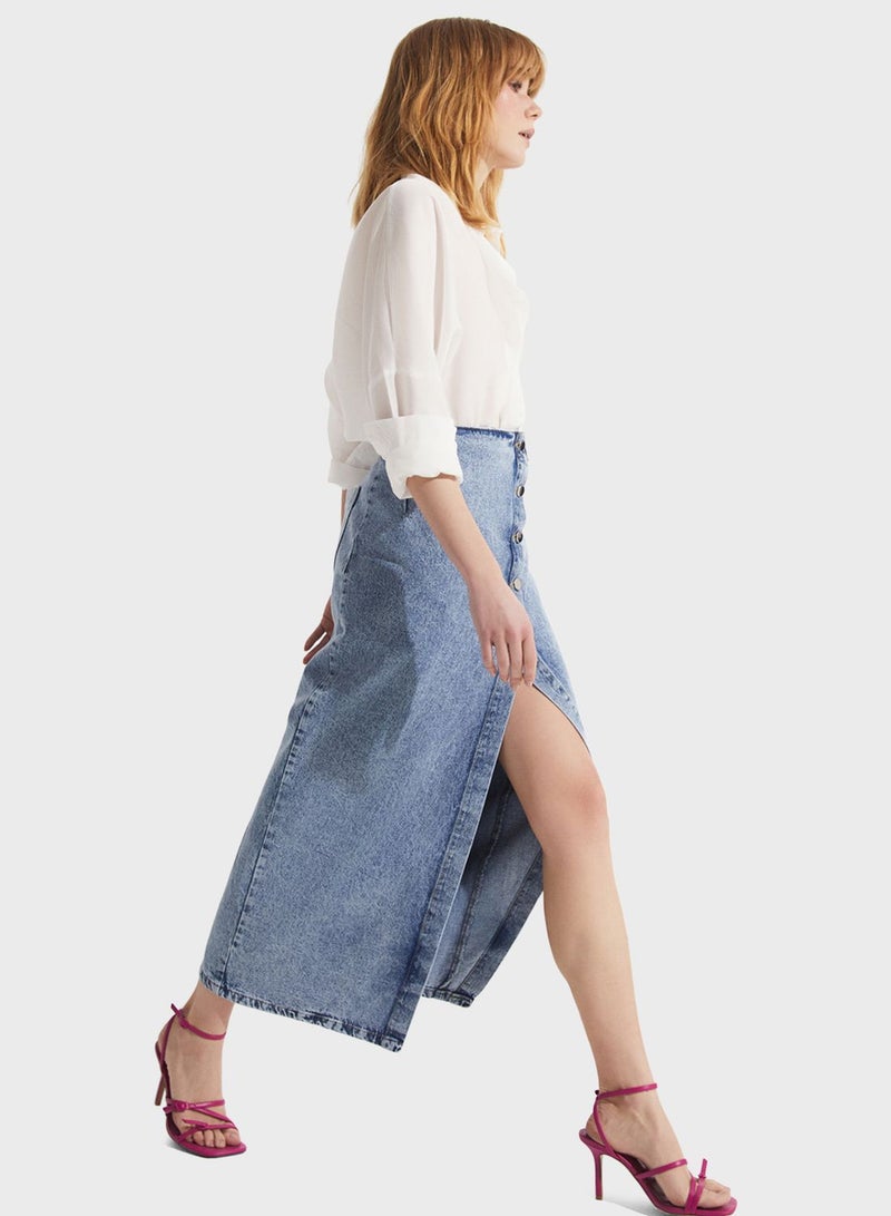 Button Detail Denim Skirt