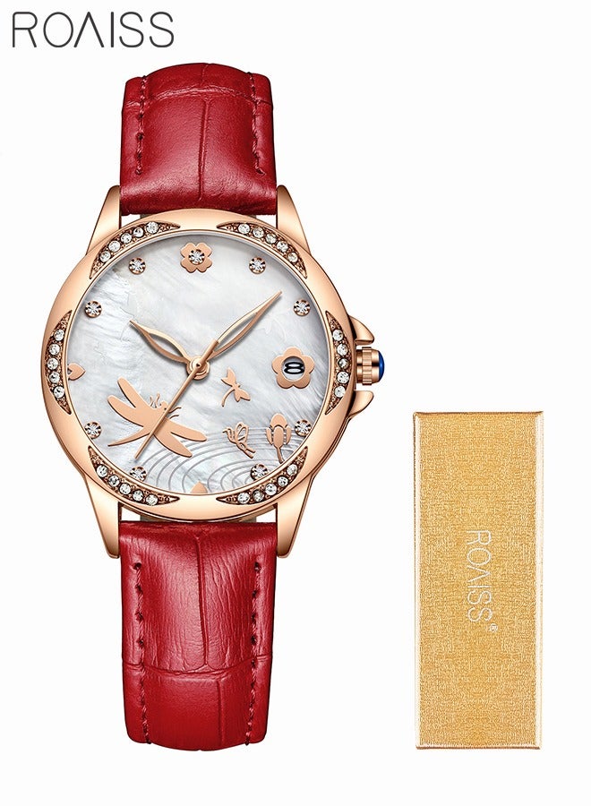 Women's Leather Strap Quartz Watch Analog Display Round Dial with Rhinestone Decoration and Dragonfly Pattern Waterproof Elegant Wristwatch as Gift for Ladies