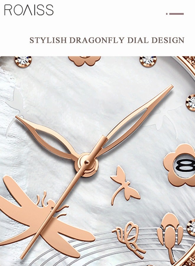 Women's Leather Strap Quartz Watch Analog Display Round Dial with Rhinestone Decoration and Dragonfly Pattern Waterproof Elegant Wristwatch as Gift for Ladies