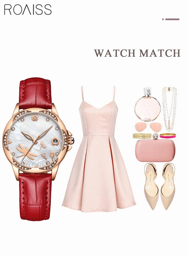 Women's Leather Strap Quartz Watch Analog Display Round Dial with Rhinestone Decoration and Dragonfly Pattern Waterproof Elegant Wristwatch as Gift for Ladies